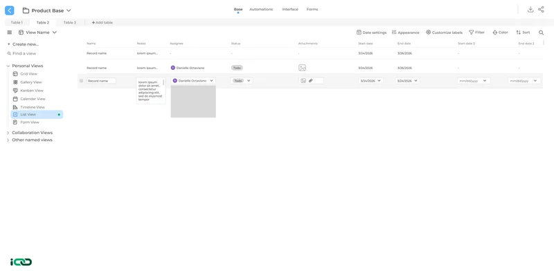 IConnect List View showing structured data with fields, records, and collaborative workflow management